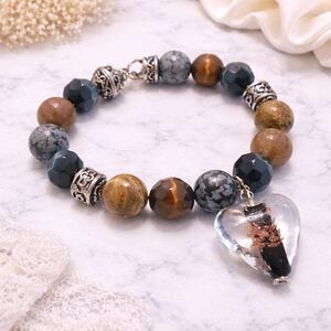 Cookie Lee Semi Precious Beaded Stretch Bracelet with Art Glass Heart